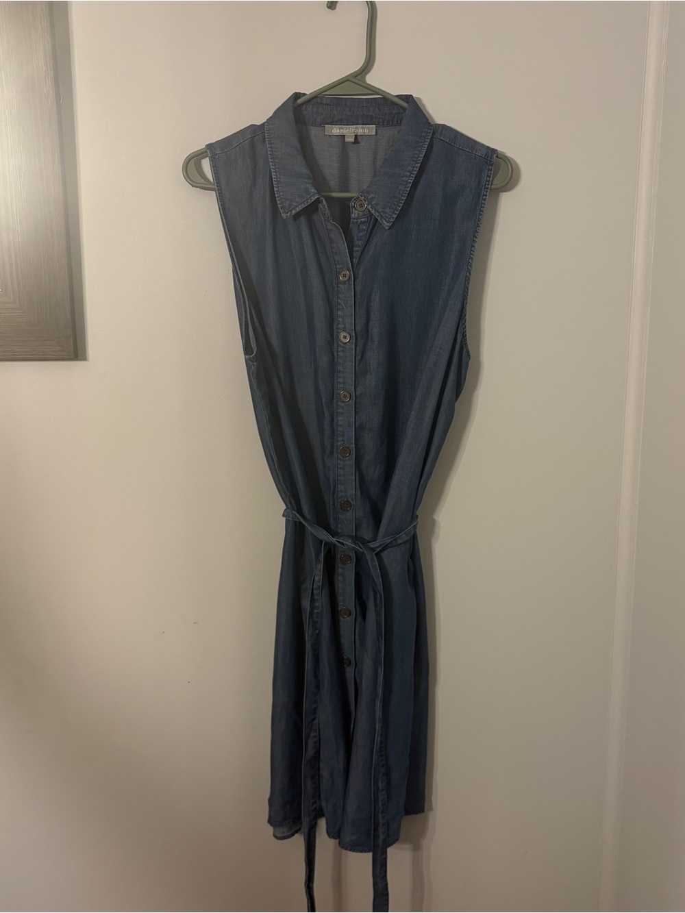 Daniel Rainn Sleeveless Button-Front Demin Dress Tie Waist Blue Size Large